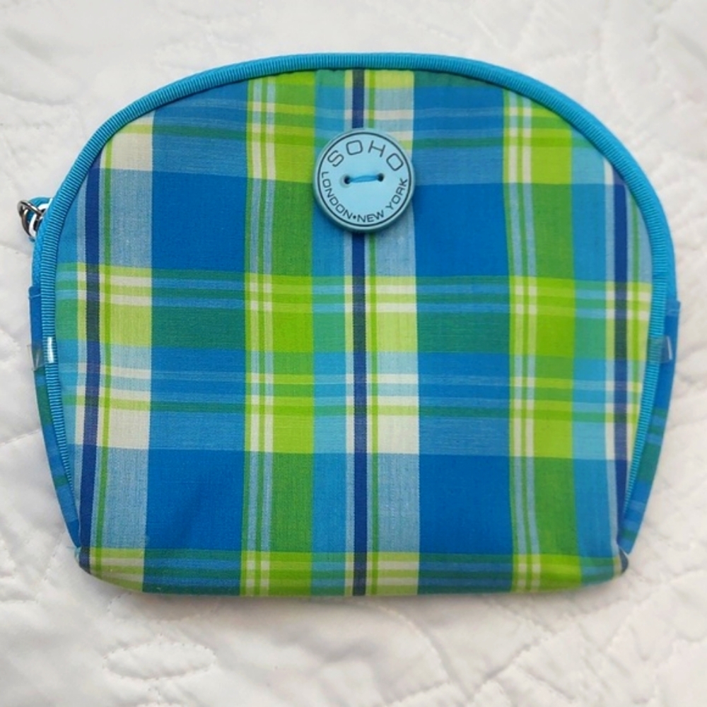 Soho London-New York Blue, Green & White Plaid Zip Closure Cosmetic Bag Like New